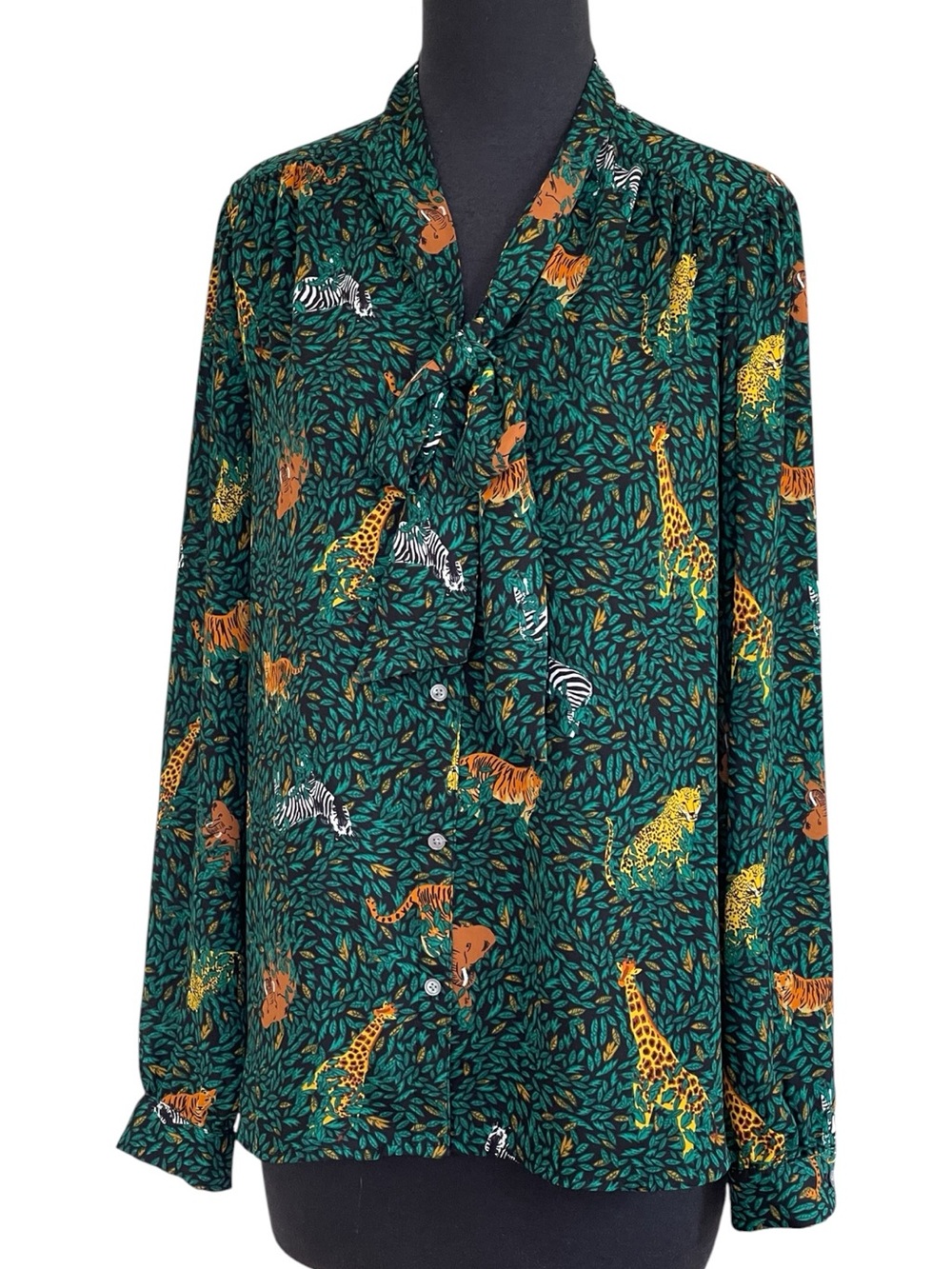 J. Crew Emerald Green Animal Jungle Safari Blouse Sz M Bow Tie Neck Long Sleeve